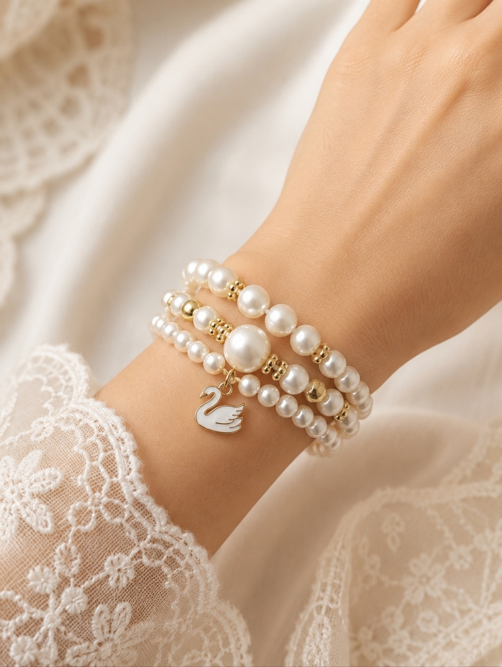 Elegant Pearl Stack Bracelet Set With Swan Charm